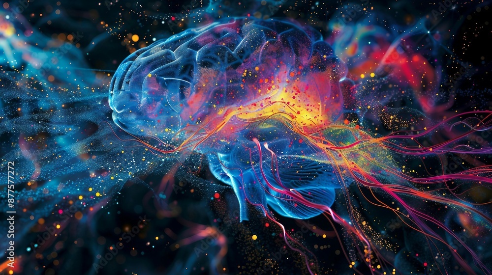 Abstract Visualization of a Brain with Vivid Colors and Neural Connections on a Dark Background. Generative AI Abstract Visualization of a Brain with Vivid Colors and Neural Connections on a Dark Background. Generative AI