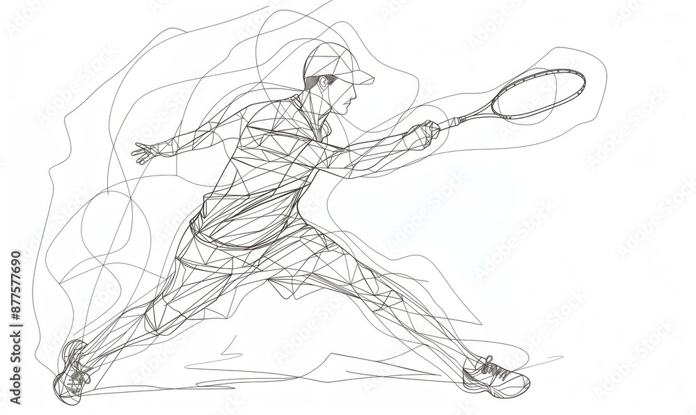 A geometric line drawing of a badminton player with a racket. A geometric line drawing of a badminton player with a racket.