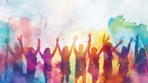 Celebrating Unity in a Vibrant Splash of Colors - A vibrant watercolor illustration depicting a group of people with their arms raised high in celebration, symbolizing unity, joy, and togetherness. - 