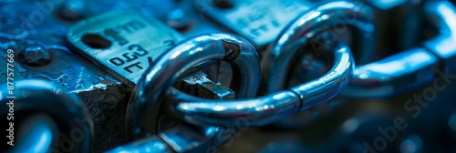Closeup of a Metal Chain and Tag - A close-up photo of a metal chain and tag with a blue tone and reflective surface. - A close-up photo of a metal chain and tag with a blue tone and reflective surfac photo