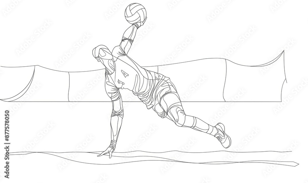 A dynamic one-line drawing of a volleyball player in action. A dynamic one-line drawing of a volleyball player in action.