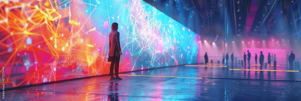 Fototapeta premium A Person in a Futuristic Setting - A person standing in a futuristic setting, surrounded by a vibrant and abstract digital display. - A person standing in a futuristic setting, surrounded by a vibrant