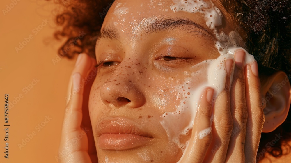 A young woman applies cleansing foam on her face while enjoying a self-care routine in a warm-toned setting A young woman applies cleansing foam on her face while enjoying a self-care routine in a warm-toned setting