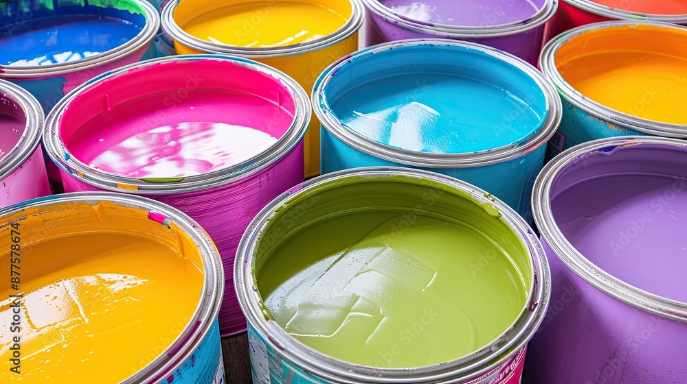A number of open new paint cans with different colors. Production and tinting of paint. The concept of a variety of color choices for creativity. Illustration for advertising, marketing, presentation.