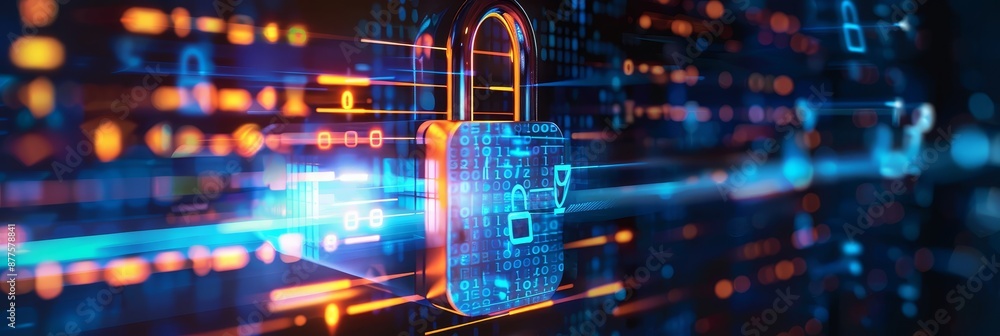 Fototapeta premium Cyber Security: Protecting Data in the Digital Age - A glowing padlock in front of a digital background with binary code, representing cyber security and data protection. - A glowing padlock in front 