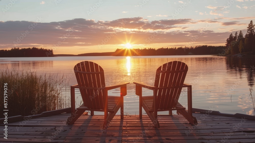 Two empty Adirondack chairs sit facing a sunset over a still lake Two empty Adirondack chairs sit facing a sunset over a still lake