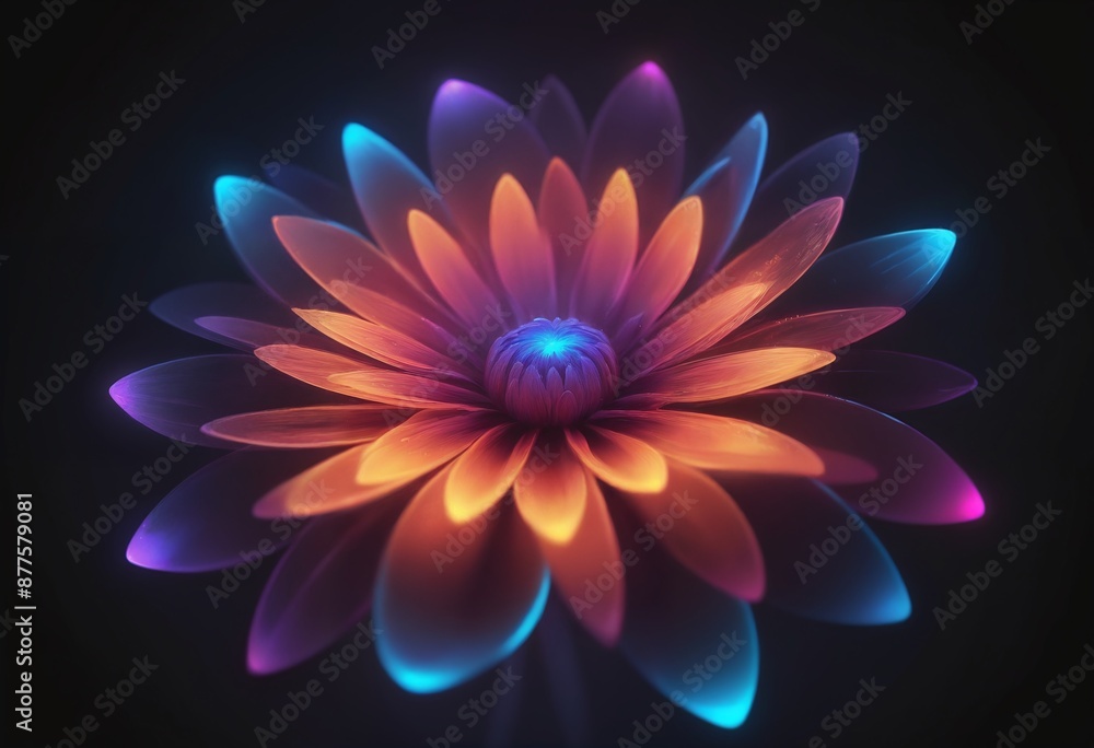 Fototapeta premium Abstract neon glowing flower with vibrant colorful petals on dark background