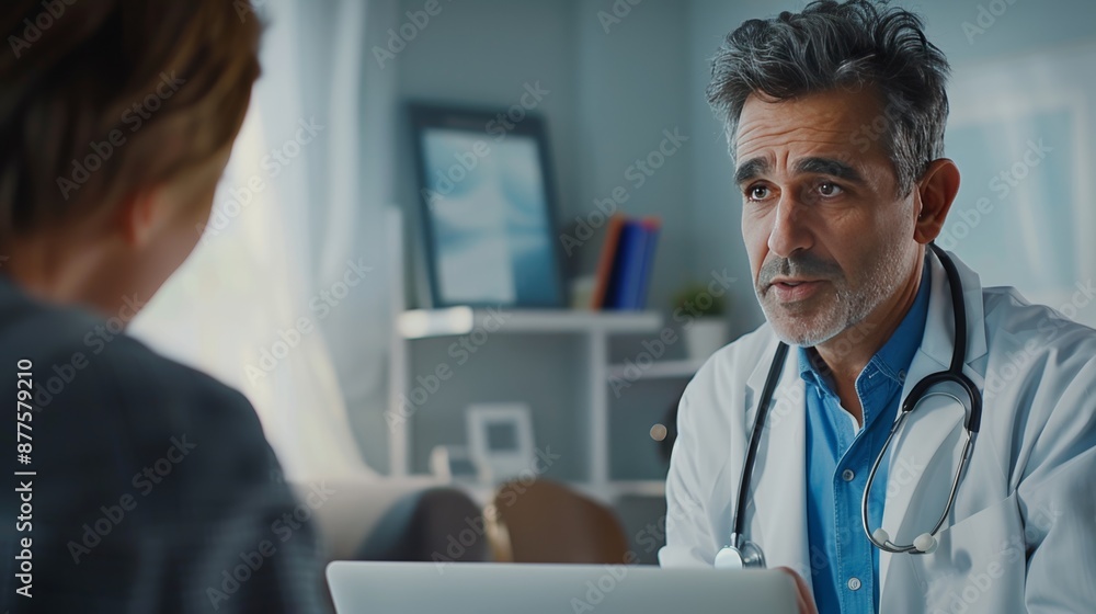 A doctor discusses treatment options with a patient in a clinical office during a consultation session A doctor discusses treatment options with a patient in a clinical office during a consultation session