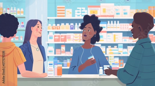 Discussion among four individuals in a pharmacy with products visible on shelves in the background