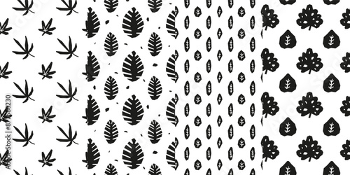 Set of seamless patterns with modern paper cut leaves.