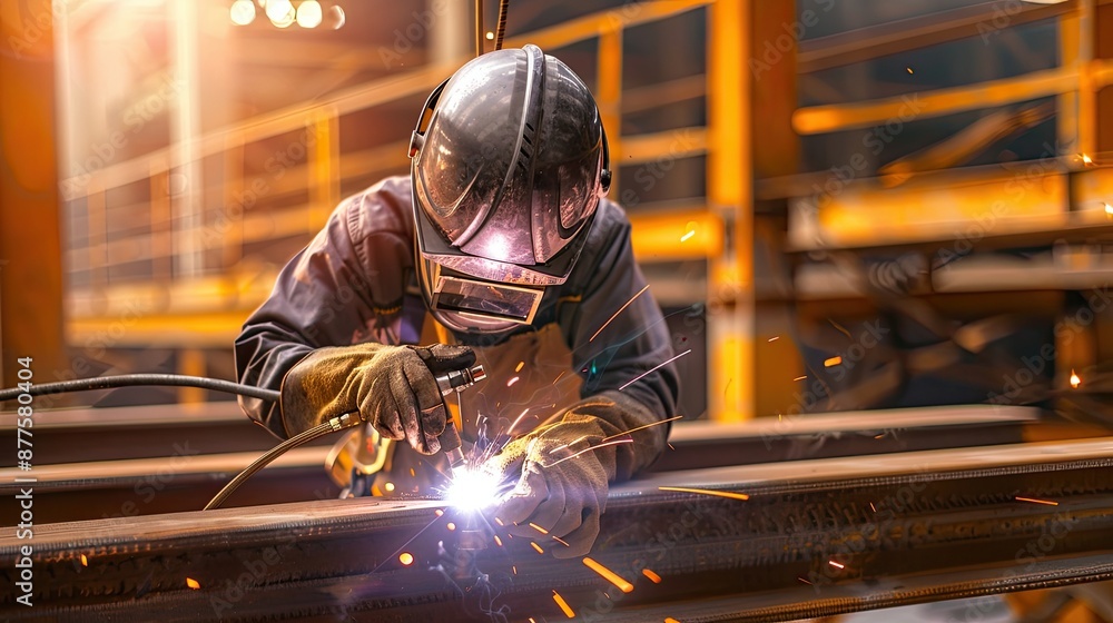 Male welder in a protective mask is welding metal. A professional works in a factory. Industrial background. Illustration for banner, poster, cover, brochure or presentation. Male welder in a protective mask is welding metal. A professional works in a factory. Industrial background. Illustration for banner, poster, cover, brochure or presentation.
