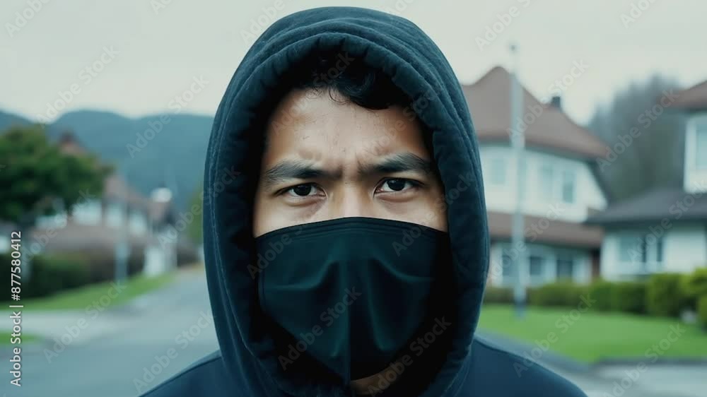 Man wearing black hoodie and mask on city street Man wearing black hoodie and mask on city street