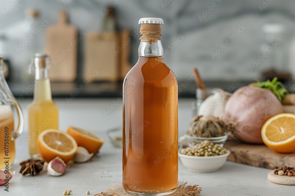 A bottle of artisanal kombucha with a backdrop of fermented ingredients A bottle of artisanal kombucha with a backdrop of fermented ingredients