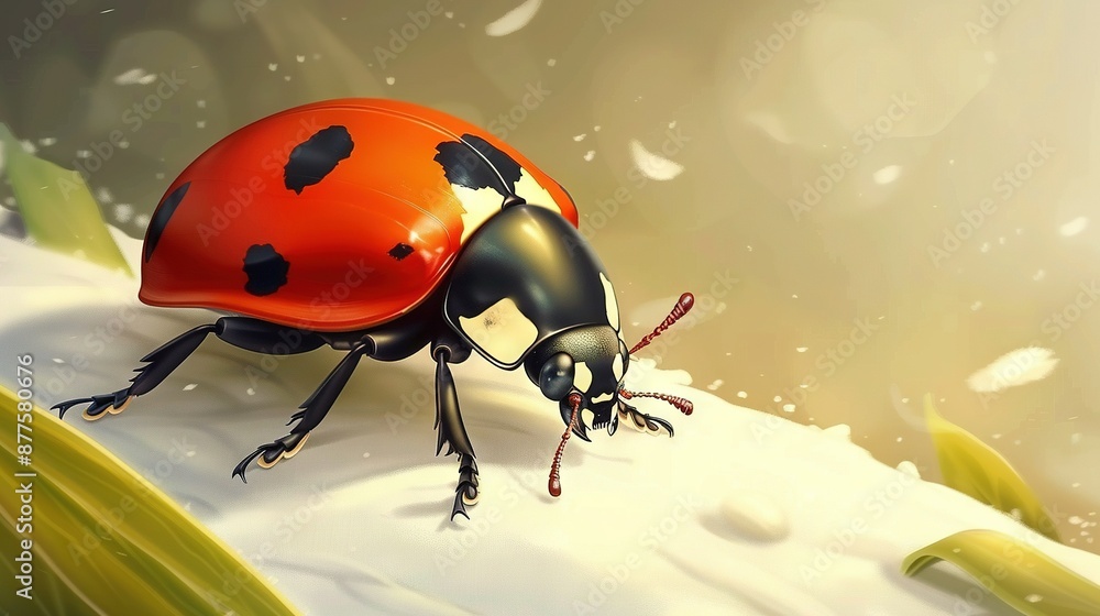 A ladybug perched atop a snow-capped hill amidst lush greenery A ladybug perched atop a snow-capped hill amidst lush greenery