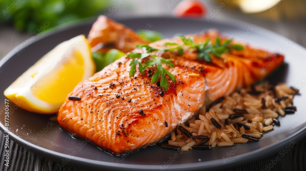 Grilled salmon served with wild rice and a lemon wedge on a plate Grilled salmon served with wild rice and a lemon wedge on a plate