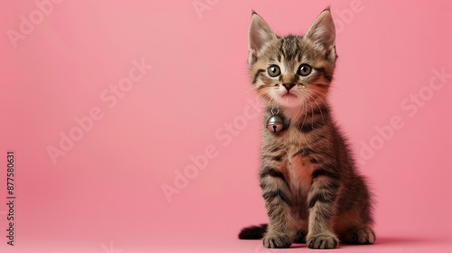 Cute tabby kitten wearing a bell collar on a pink background.