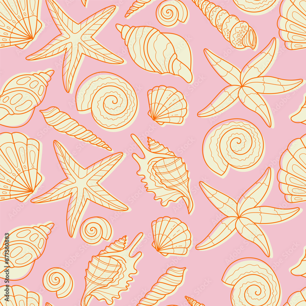Marine seamless pattern with seashell. Summer time, sea, underwater. Hand-drawn sea shells illustration in pastel colors Marine seamless pattern with seashell. Summer time, sea, underwater. Hand-drawn sea shells illustration in pastel colors