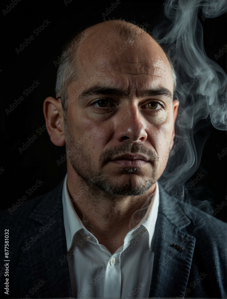 Fototapeta premium Portrait of a serious-looking man with smoke on his face. AI.