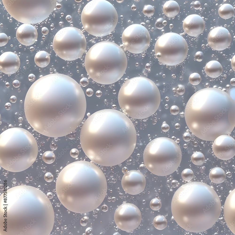 Numerous pearl white spherical bubbles or droplets of various sizes floating against a warm white background Numerous pearl white spherical bubbles or droplets of various sizes floating against a warm white background