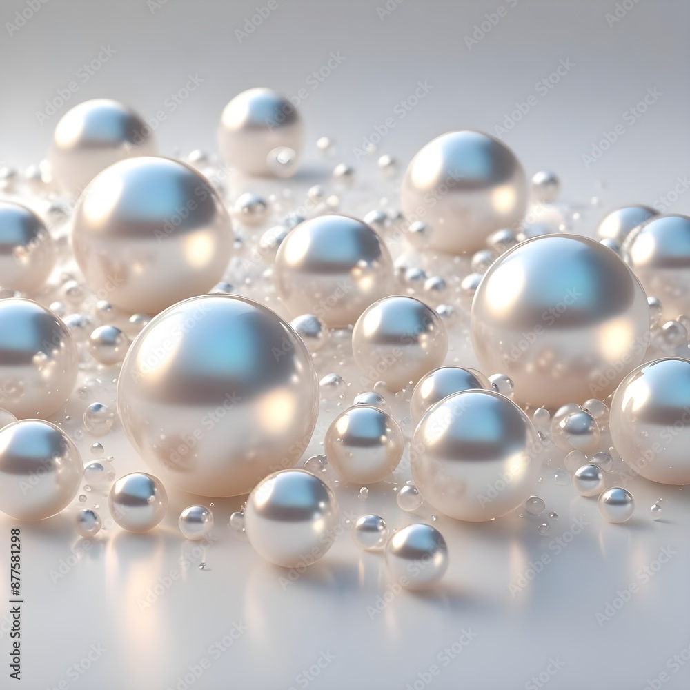 Numerous pearl white spherical bubbles or droplets of various sizes floating against a warm white background Numerous pearl white spherical bubbles or droplets of various sizes floating against a warm white background