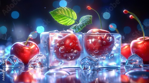 Wallpaper Mural   A cherry painting in ice cubes with a green leaf on the top cube Torontodigital.ca