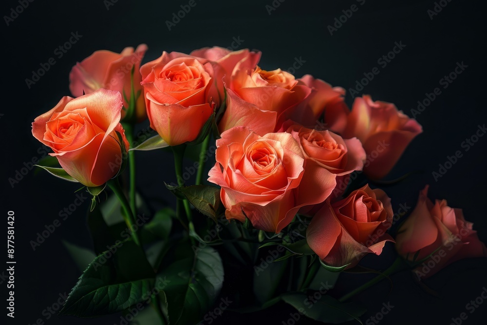 Beautiful bouquet of coral roses blooming on a dark background, perfect for romantic occasions Beautiful bouquet of coral roses blooming on a dark background, perfect for romantic occasions