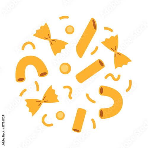 Noodles and pasta set, various varieties and shapes. Modern vector illustration isolated on white background, hand drawn, flat design