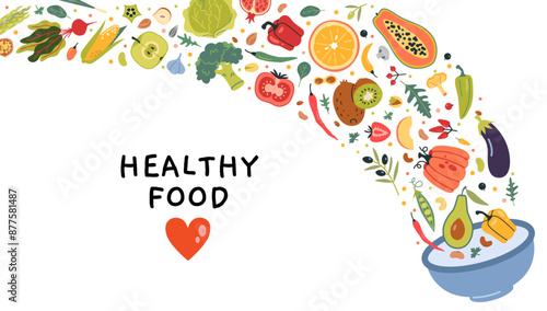 Healthly food consept. Horizontal banner with plate, vegetables and fruits. Modern vector illustration isolated on white, hand drawn, flat design