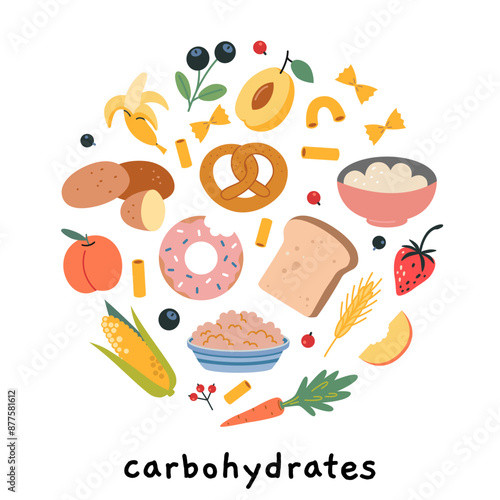 Carbohydrates sources product infographic. Healthly food set with bread, pasta, cereals, vegetables, fruits, whole grains and berries. Vector illustration isolated on white, hand drawn, flat design