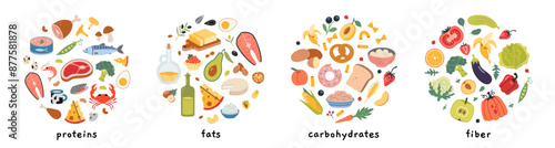 Carbohydrate, protein, fat and fiber sources product infographic. Healthly food set with meat, cereal, seafood, vegetables, fruits and berries. Vector illustration isolated on white, hand drawn, flat