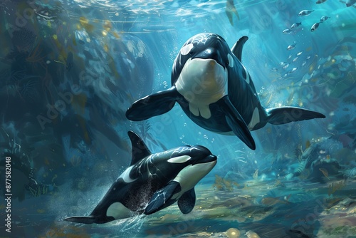 Mother Orca Teaching Calf to Hunt in a Deep Ocean Kelp Forest