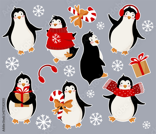 Sticker pack with penguins in different poses for the winter holiday. Christmas gifts, candy, sweater.