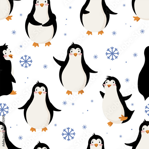 Seamless pattern of cheerful penguins with different movements. For printing on packaging, winter pajamas and dresses.