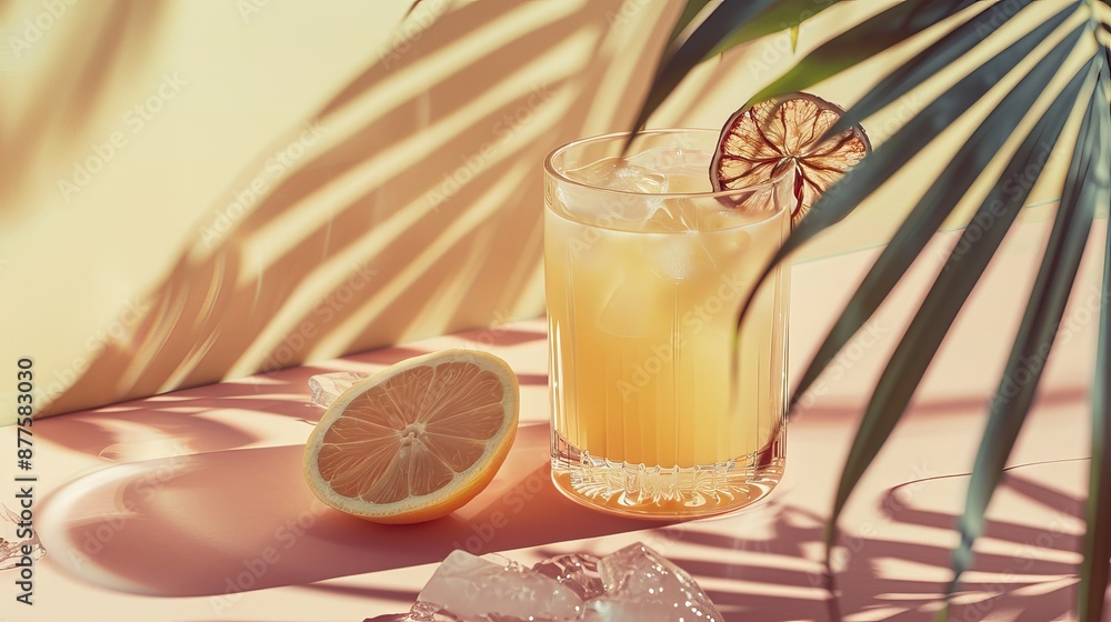 Summer vibes! A desk scene with a drink, dried lemon, glass, and palm shadow on a pastel background. Perfect for a refreshing summer vacation. The shadow and pattern create a cool effect. Summer vibes! A desk scene with a drink, dried lemon, glass, and palm shadow on a pastel background. Perfect for a refreshing summer vacation. The shadow and pattern create a cool effect.