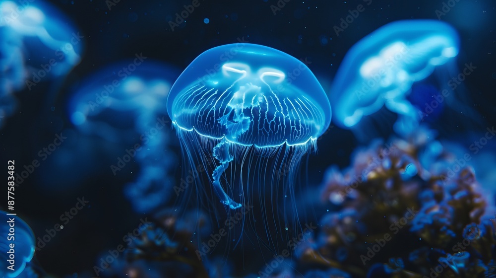 Fototapeta premium Tiny jellyfish swim gracefully in aquariums, glowing softly with an ethereal blue light.