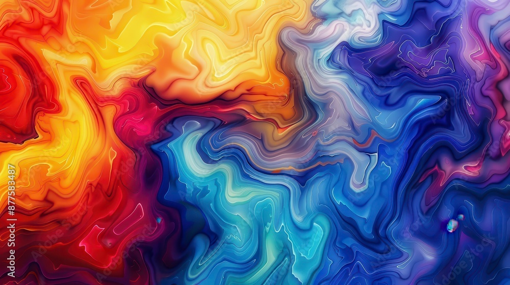 A digital painting of swirling, flowing abstract shapes in red, yellow, and blue hues A digital painting of swirling, flowing abstract shapes in red, yellow, and blue hues