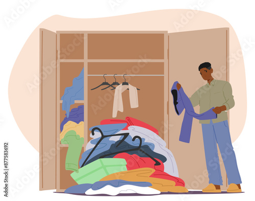 Man Organizing A Cluttered Closet Filled With Various Clothes. Cartoon Vector Concept Of Home Organization, Cleaning