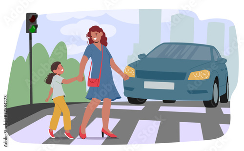 Mother And Daughter Holding Hands While Safely Crossing A Street At A Zebra Crossing, Traffic Light Green And Car Stops