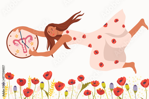 Woman with clock and uterus, menopause metaphor. Field of poppies. Urinary incontinence, cystitis, involuntary urination woman vector illustration. Bladder problems. Menopause, women's health.