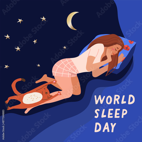 Woman sleeping. Vector illustration with sleeping woman and her pet cat on starry sky background. Relaxation in bedroom. World sleep day.