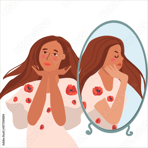A woman with symptoms of bipolar disorder in a flat design. Patient with bipolar disorder with mood swings, sometimes in a good mood, sometimes sad. Reflection in a mirror.