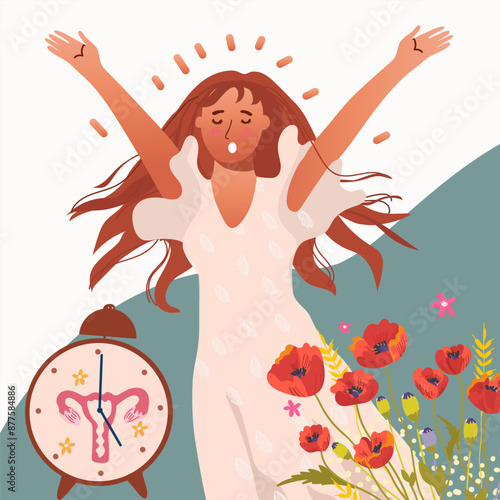 Illustration of a woman stretching her arms to the sky, amidst blooming poppies. She is experiencing hot flashes. Hand drawn illustration.
