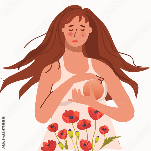 A woman with chest pain. It is a hand-drawn style illustration.
