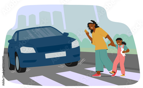 Mother And Child Crossing The Street At A Crosswalk While A Car Approaches. The Mother Holds Her Child Hand Tightly