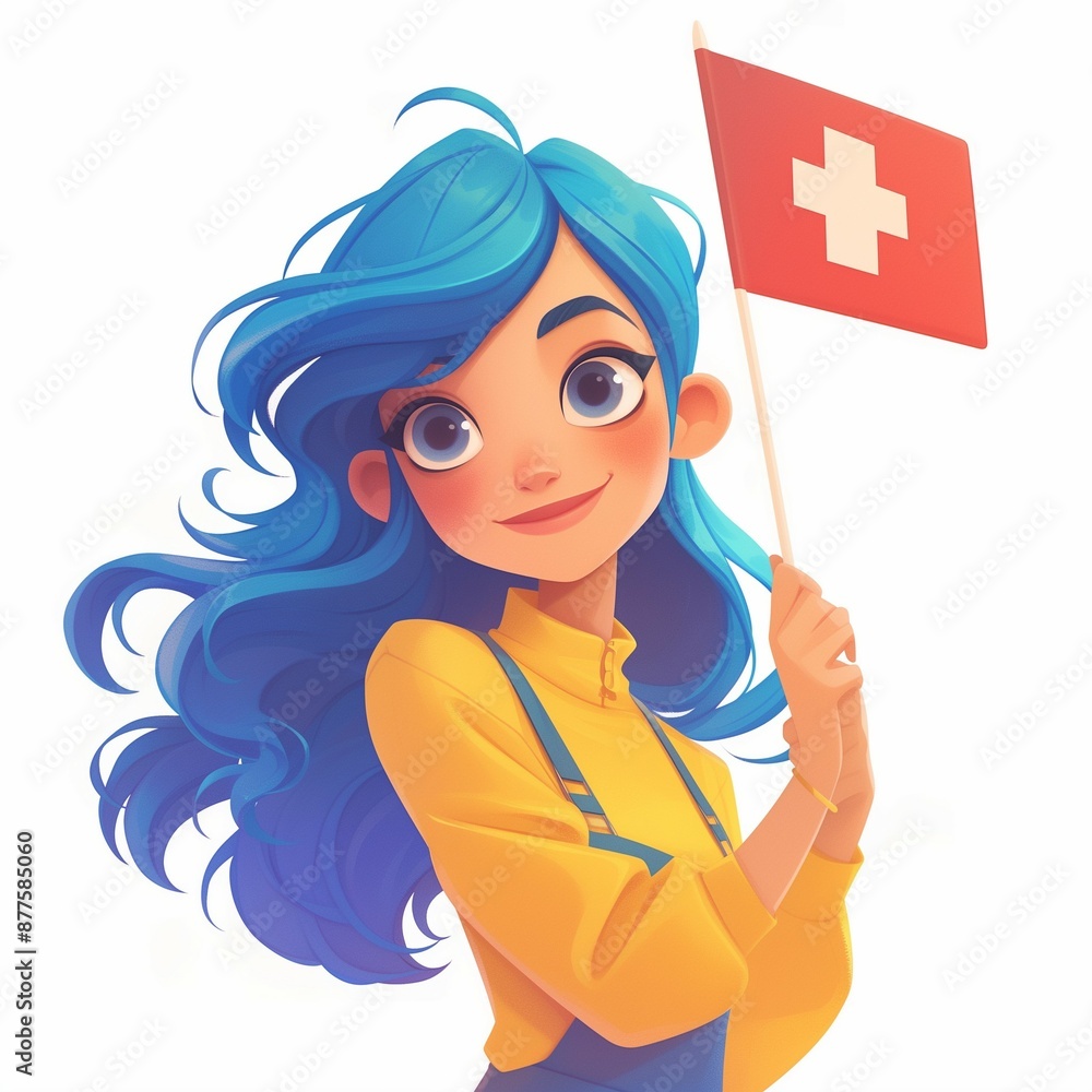 Adorable woman with blue hair and yellow shirt holding a small Swiss flag. Playful and charming. Adorable woman with blue hair and yellow shirt holding a small Swiss flag. Playful and charming.