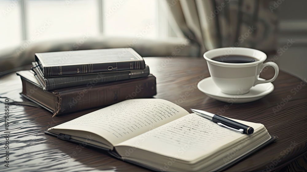 Fototapeta premium A cup of coffee, a pen, and an open notebook rest on a wooden table, next to a stack of books. Sunlight shines through a window in the background