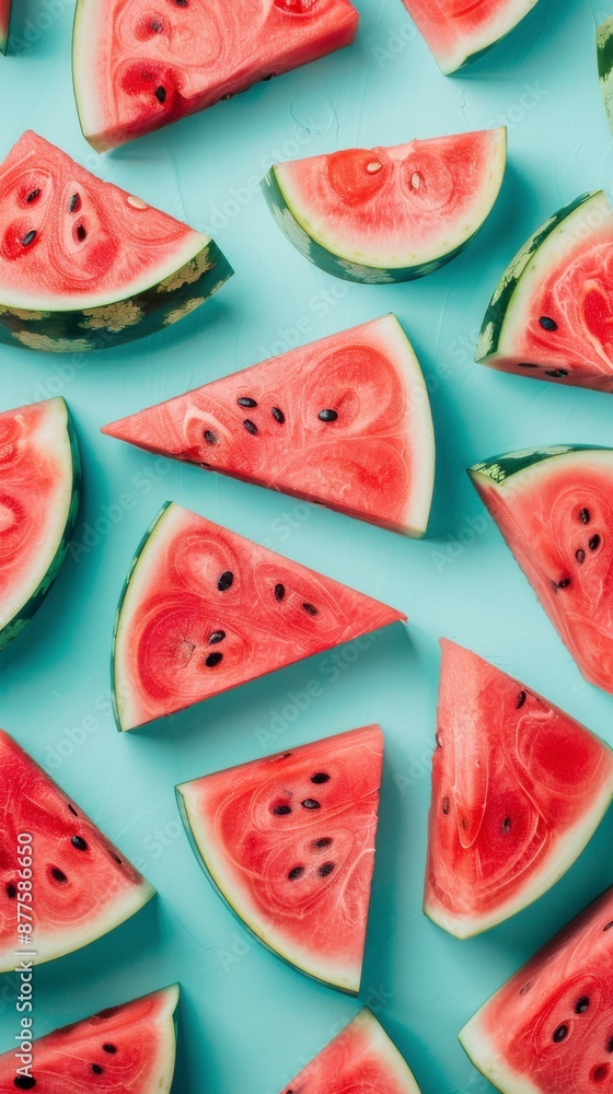 Fresh watermelon slices arranged on a turquoise surface Fresh watermelon slices arranged on a turquoise surface