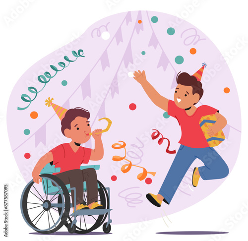 Joyful Kids Celebrating A Birthday, Including A Child In A Wheelchair, Showcasing Inclusion And Happiness, Vector Image