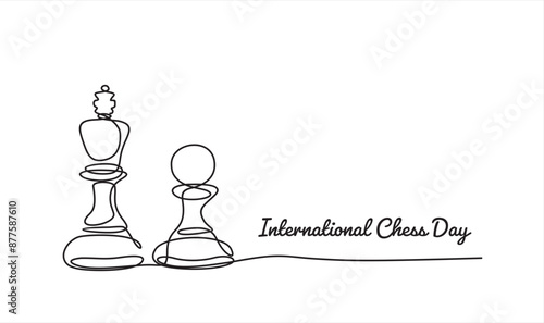 World chess day. Queen and pawn, chess pieces continuous one line art illustration. Can used for logo, emblem, slide show and banner. 