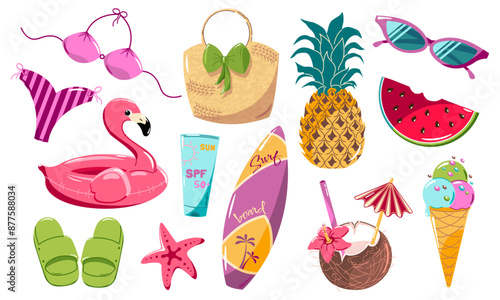A set of summertime elements. Surfboard, pineapple, watermelon, ice cream, swimsuit, beach bag , starfish, flamingo swim lap, coconut cocktail, sunglasses, beach shoes. Flat style, vector.